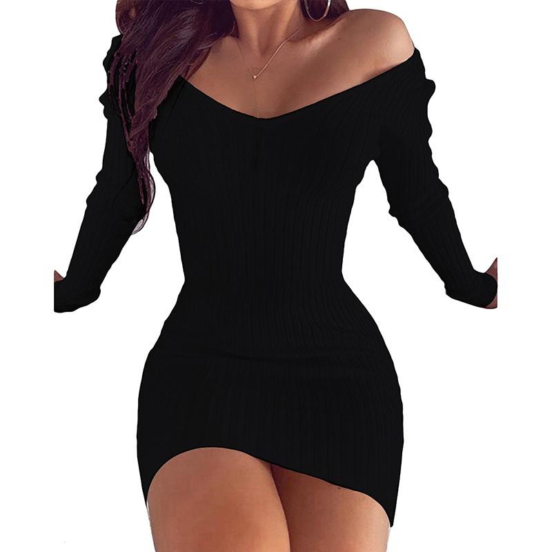 

Осеннее и зимнее женское тонкое платье с v-образным вырезом и длинными рукавами, теплый свитер S чёрный