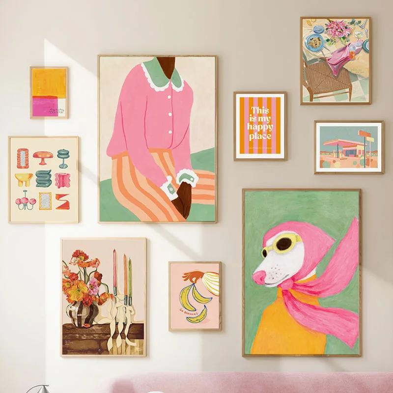 Mode Mädchen Hund Vase Blume Banane Abstrakt Poster und Drucke Wandkunst Leinwand Malerei Bild Hotel Bar für Wohnzimmer Dekor