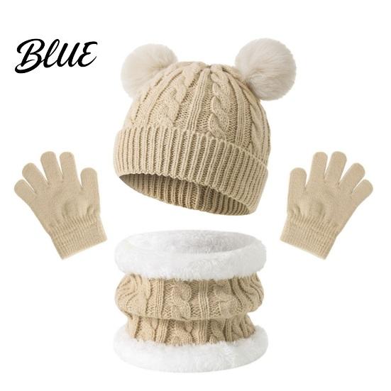Soft Comfortable Winter Headwear Kids Warm Knit Set Bear Ear Hat Fleece Lined Neck Gaiter & Thermal Accessories Full Finger Gloves Thick