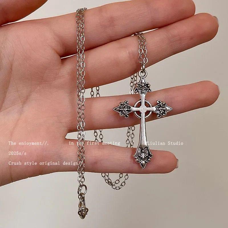 Korean Niche Design Silver Cross Necklace Female Long Clavicle Punk Retro Hottie Y2k Neck Jewelry