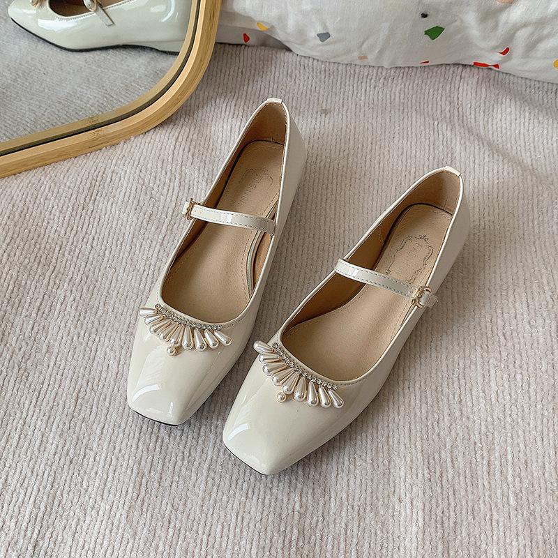 Niche light luxury 2025 summer retro square head pearl T-shaped buckle with low heel Mary Jane women's shoes temperament gentle single shoes