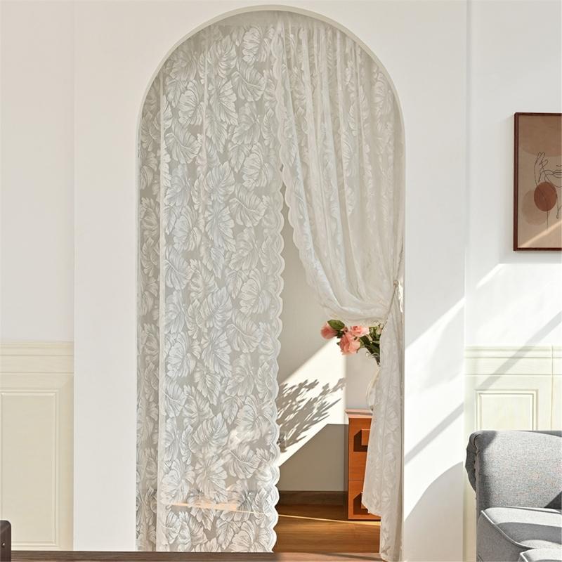 Leaf Embroidered White Sheer Curtains Rod Voile Drapes for Bedroom and Living Room for Privacy Protections Decors