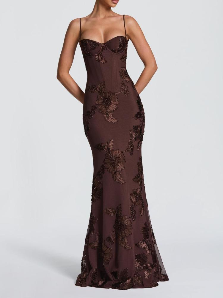 Women's Strapless Gold Embroidered Fishtail Evening Gown in Light Yellow