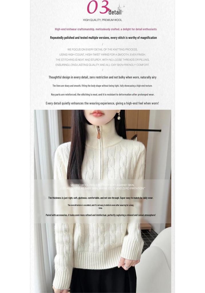 Fashionable Lapel Pure Wool Cable Knit Zipper Sweater - Loose Fit, Simple Long Sleeve Knitwear Top