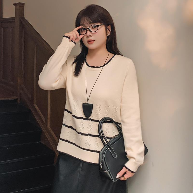 Women's Plus Size Round Collar Clashing Stripe Top Autumn and Winter Loose Casual Sweater Knitwear