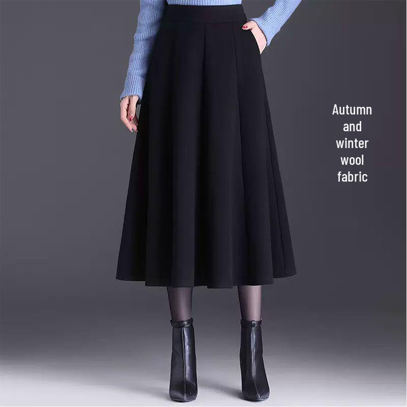 Autumn/Winter High-Waist A-Line Wool Skirt for Middle-Aged Women - Slimming Wide-Hem Pleated Skirt