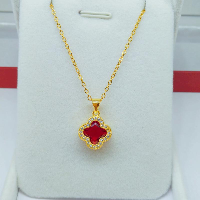 Kupfer Vergoldete Mehrfarbige Strassstein Vierblättrige Kleeblatt Halskette für Damen