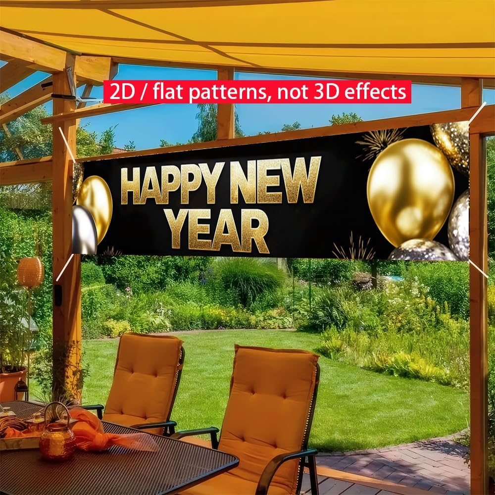 Happy New Year Banner 78.7 x 17.7 Inch Gold and Silver Balloons Sparkling Confetti Design for Holiday Party Decoration Indoor Outdoor Wall Fence or