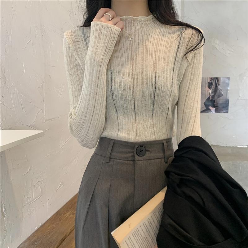 Autumn and Winter New Style Semi-high-neck Long-sleeved Knitwear Women French Retro Slim-fit All Matching Base Shirt Top
