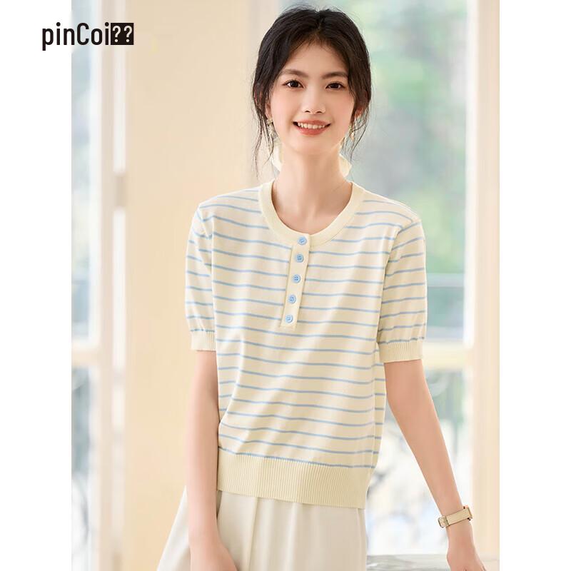 Pincai Women s Blue & White Striped Knit Short-Sleeve T-Shirt with Buttons M