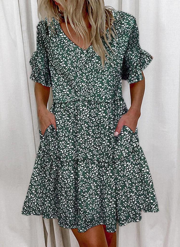 2025 European and American Women's Ruffle Pocket Printed Dress