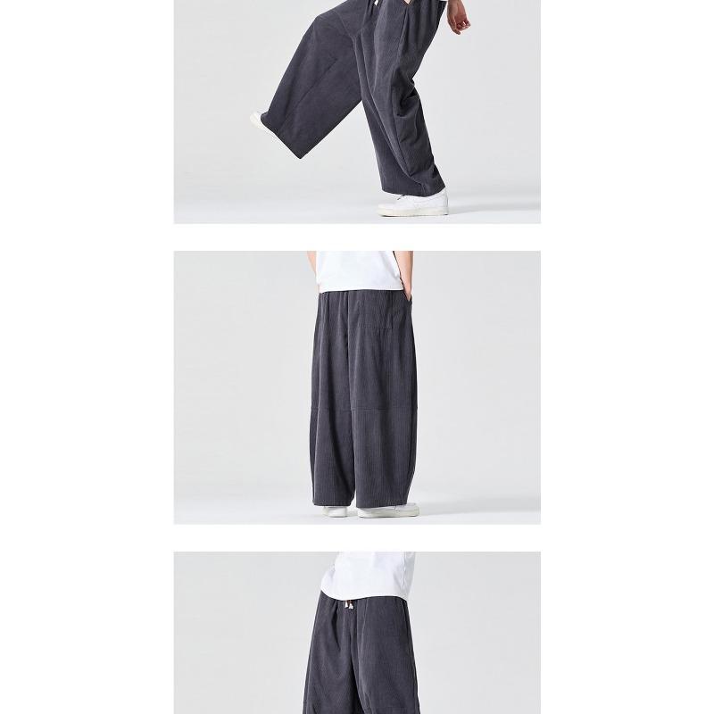 Men's Black Corduroy Wide Leg Pants Drawstring Waist Casual Baggy Trousers