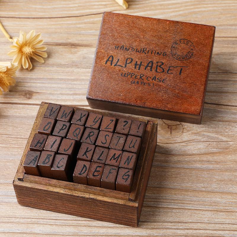 Retro Wooden Box Set: Uppercase & Lowercase English Alphabet and Number Stamps