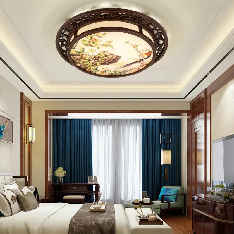 Chinese round ceiling lamp bedroom study living room antique classical LED solid wood light YHJ40608