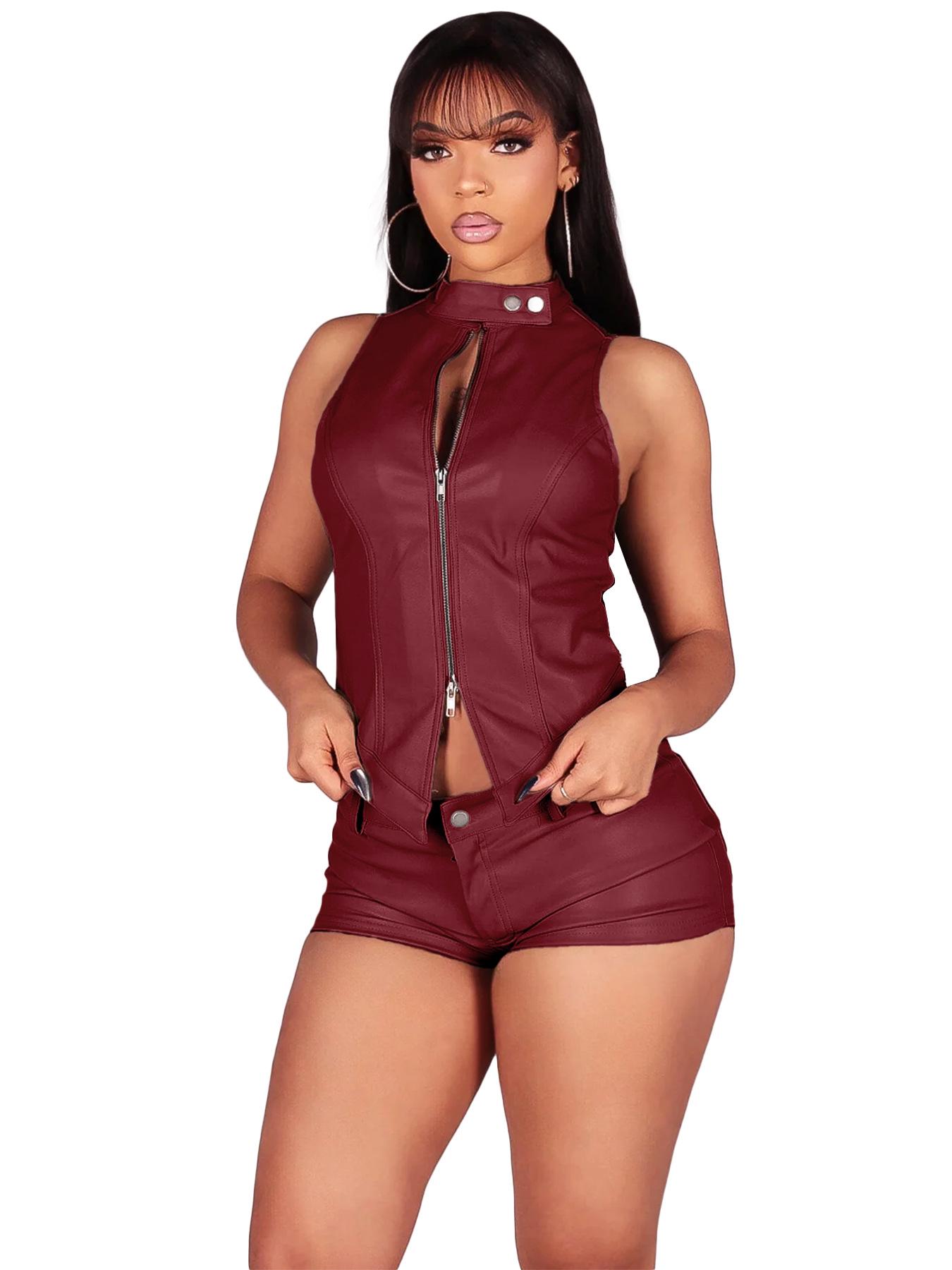 

European & American Fashion Women s Leather Stand Collar Zipper Sleeveless Motorcycle Top & Shorts Set Medium вино красного
