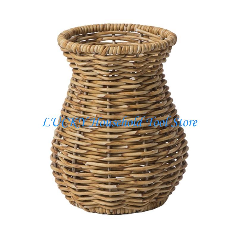 J0MC Table Vase Rattan Vase for Living Room, Faux Rattan Weave Pattern Flower Arrangement for Dry Florals Home Accent