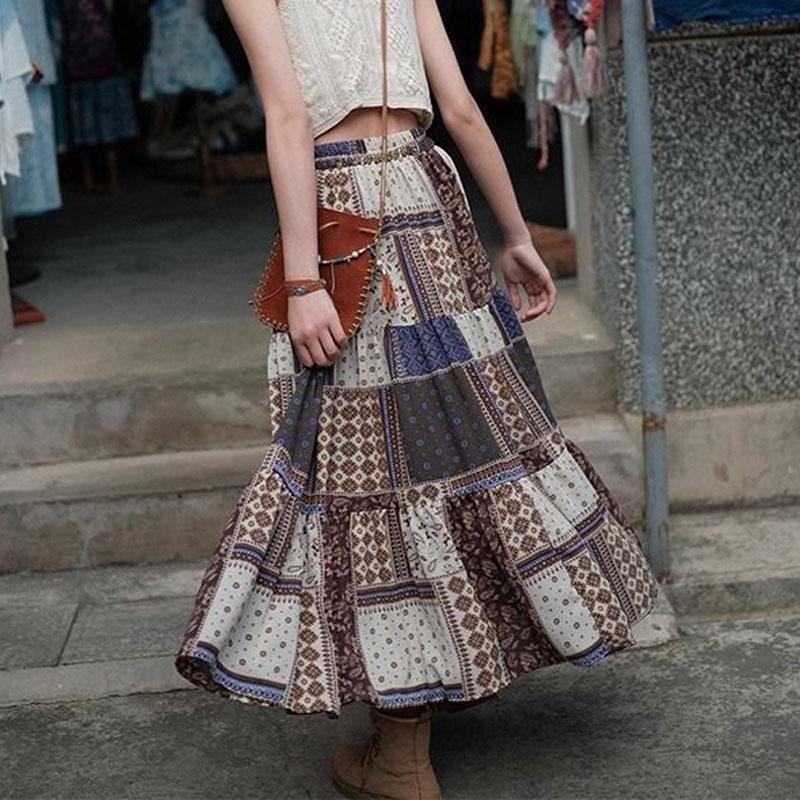 Spring and Autumn Retro Bohemian Style High Waist Skirt Beach Skirt