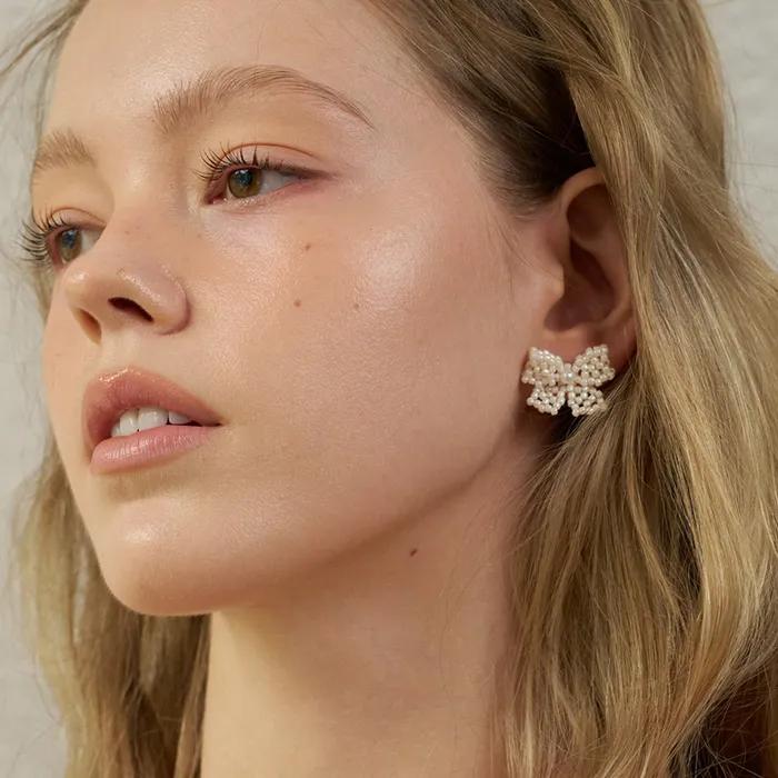 Pearl Beads Ribbon Earrings