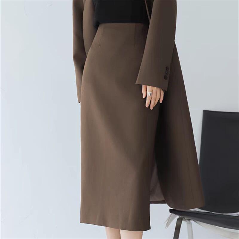 Women's Mid-Length Coffee-Colored A-Line High-Waisted Slit Skirt