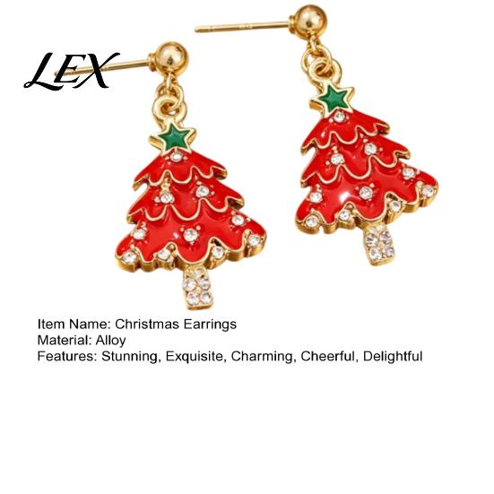 Winter Holiday Gift for Women 1 Pair Christmas Earrings Women, Xmas Tree Dangle Festive Red Green Stud Earrings, Sparkling Rhinestone Festival
