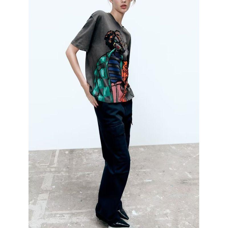 Autumn and Winter New Design Sense Niche Retro Round Neck Short Sleeve Top Girl Print T-shirt 1131897