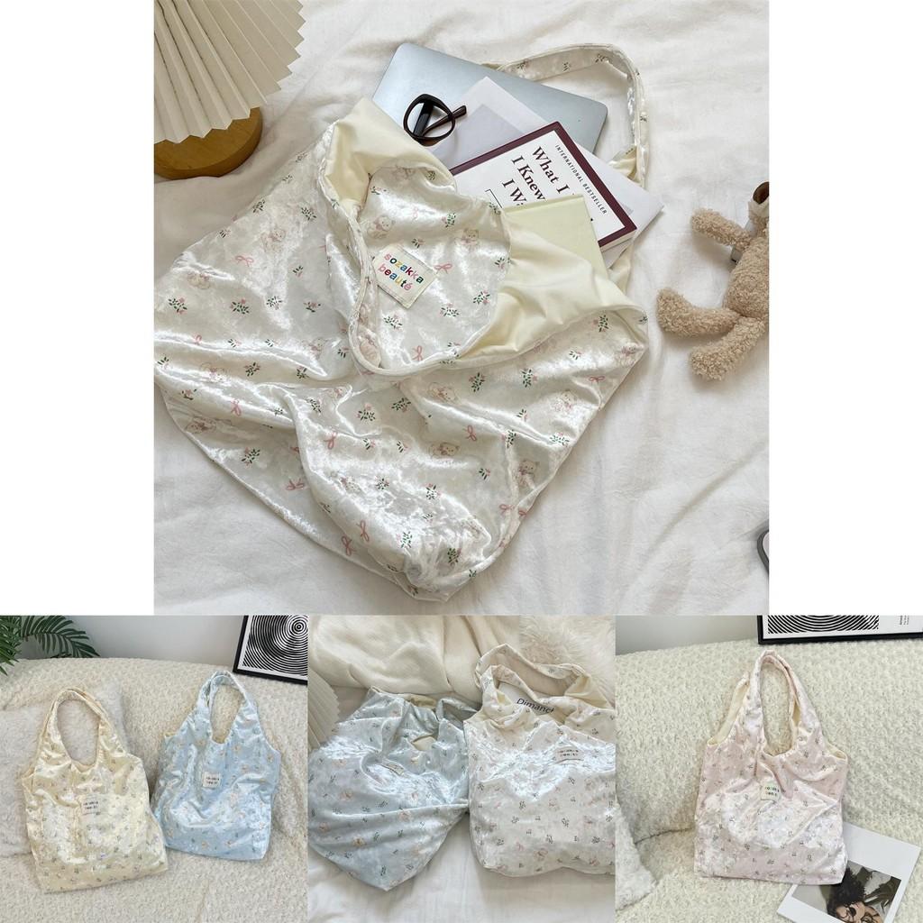 Trendy Soft Fabric Bear Print Silk Tote Bag Featuring Bow Accent For Women On The Go