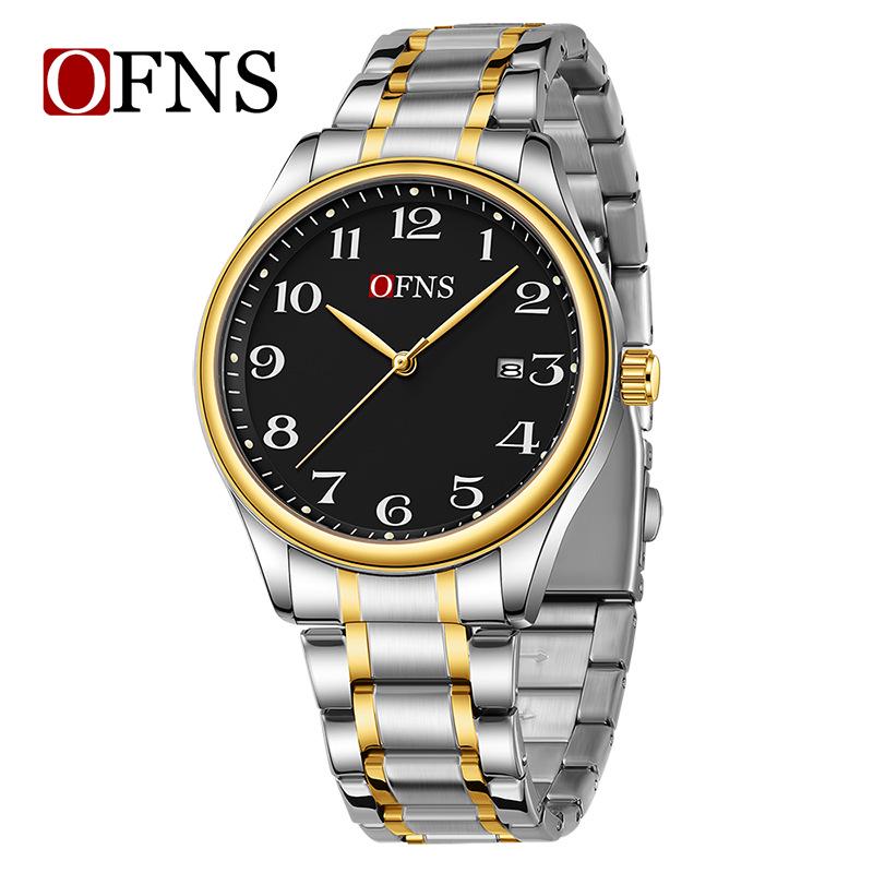 OFNS Couple's Wristwatch - Waterproof, Luminous, Quartz Watch with Steel or Leather Strap, Calendar Feature, for Casual or Business.