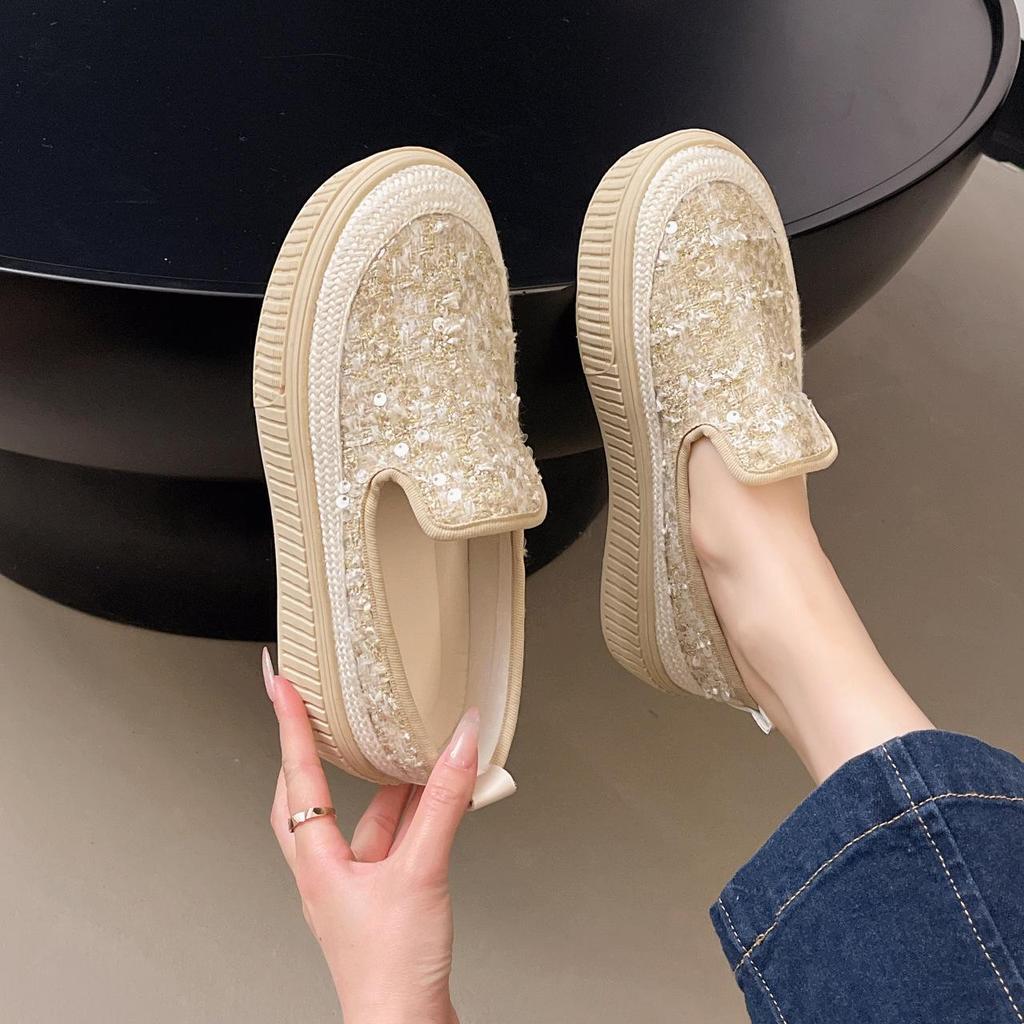 Korean Style Women's Summer Mesh Sequin Loafers - Breathable Slip-on with Thick Sole