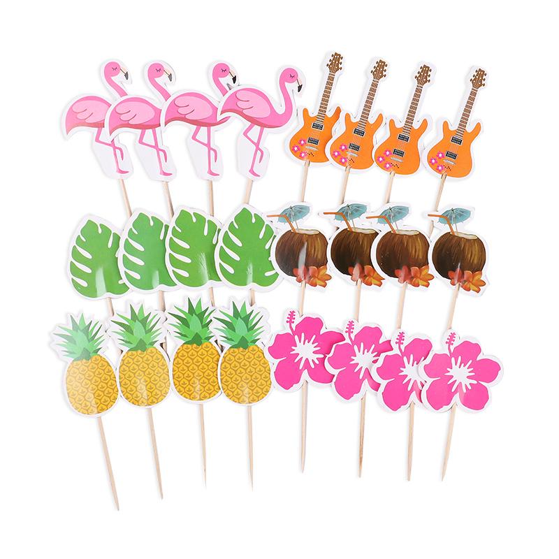 24Pcs Hawaiian Cupcake Toppers Flamingo Pineapple Palm Leaves Toothpicks Tropical Summer Beach Birthday Party Cake Decoration