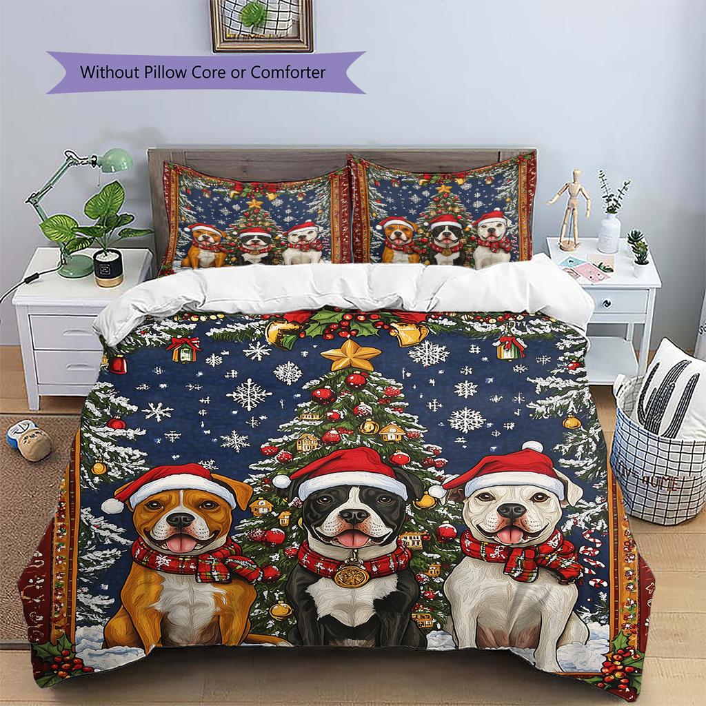 Christmas Pitbull Pattern Bedding Home Decoration Birthday Gift (1 * duvet cover + 2 * pillowcase, without core)