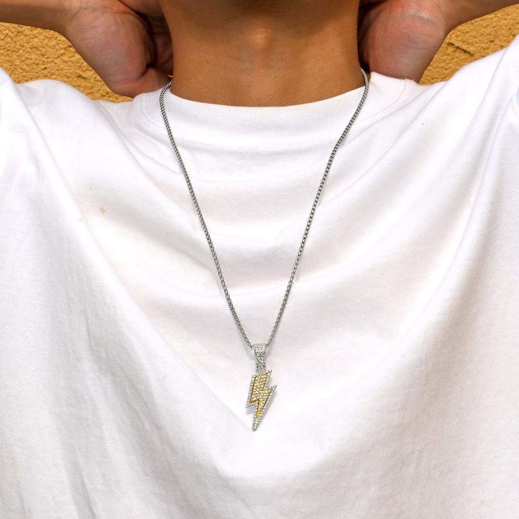 Hip Hop Shining Zircon Lightning Pendant Necklace for Men, Two-color Personality Pendant, Fashion Punk Rock Jewelry Gift