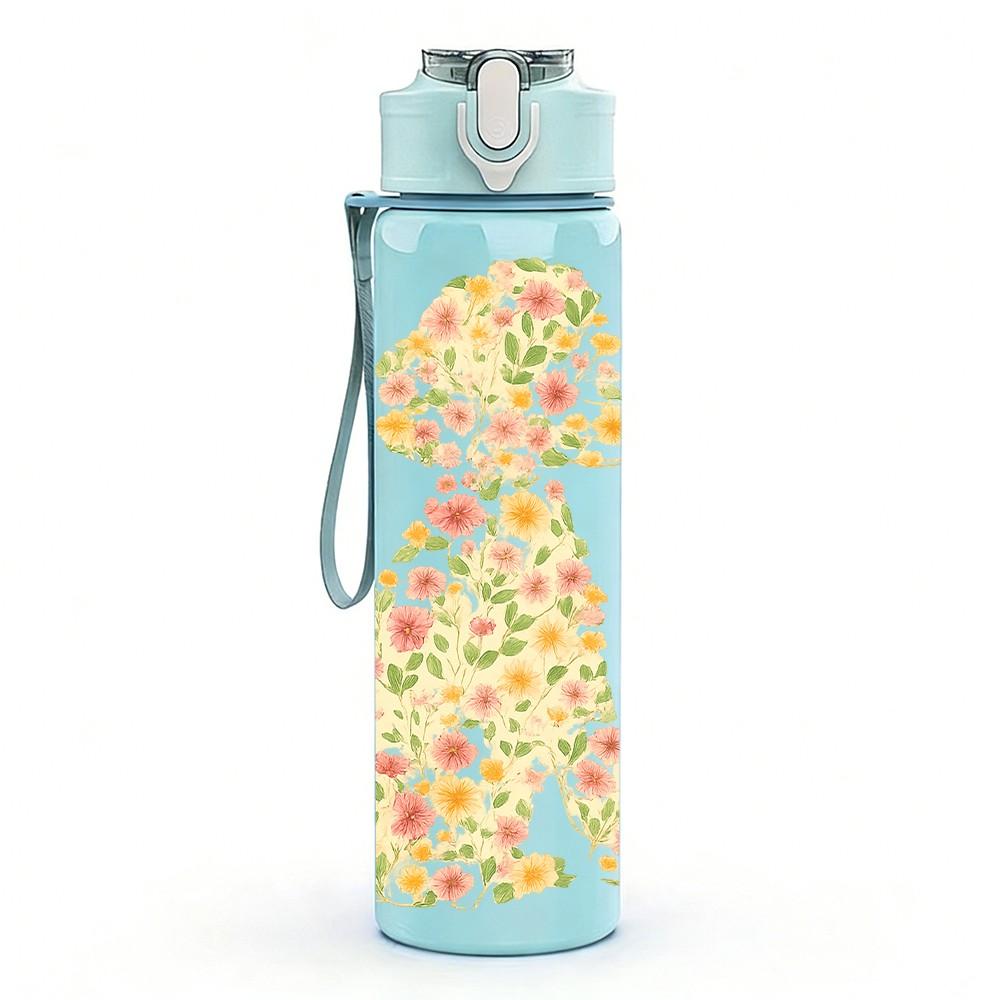 1PC Floral Pattern Dog Silhouette 750ml Color Plastic Sports Water Bottle Leakproof Flip Straw Lid Suitable for Sports Office Home Use