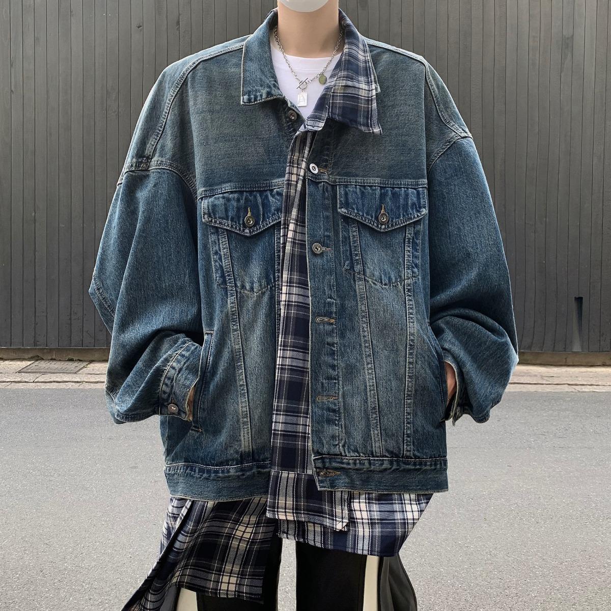 

Джинсовая куртка из двух частей с нерегулярным плетением в клетку, мужская, весна и осень, новая свободная модная куртка High Street 3XL