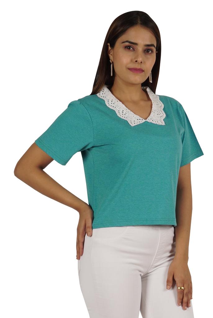 Moomaya Dámský top s krajkovým límečkem Petra Pana, hladký žerzejový krátký ležérní T-shirt