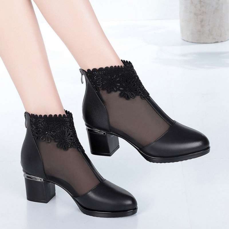Zapatos de Malla de Cuero Suave para Mujer con Tacones Altos Primavera Verano Nuevos Talla Grande Botas Frescas Zapatos de Madre Bota Individual Estilo Coreano