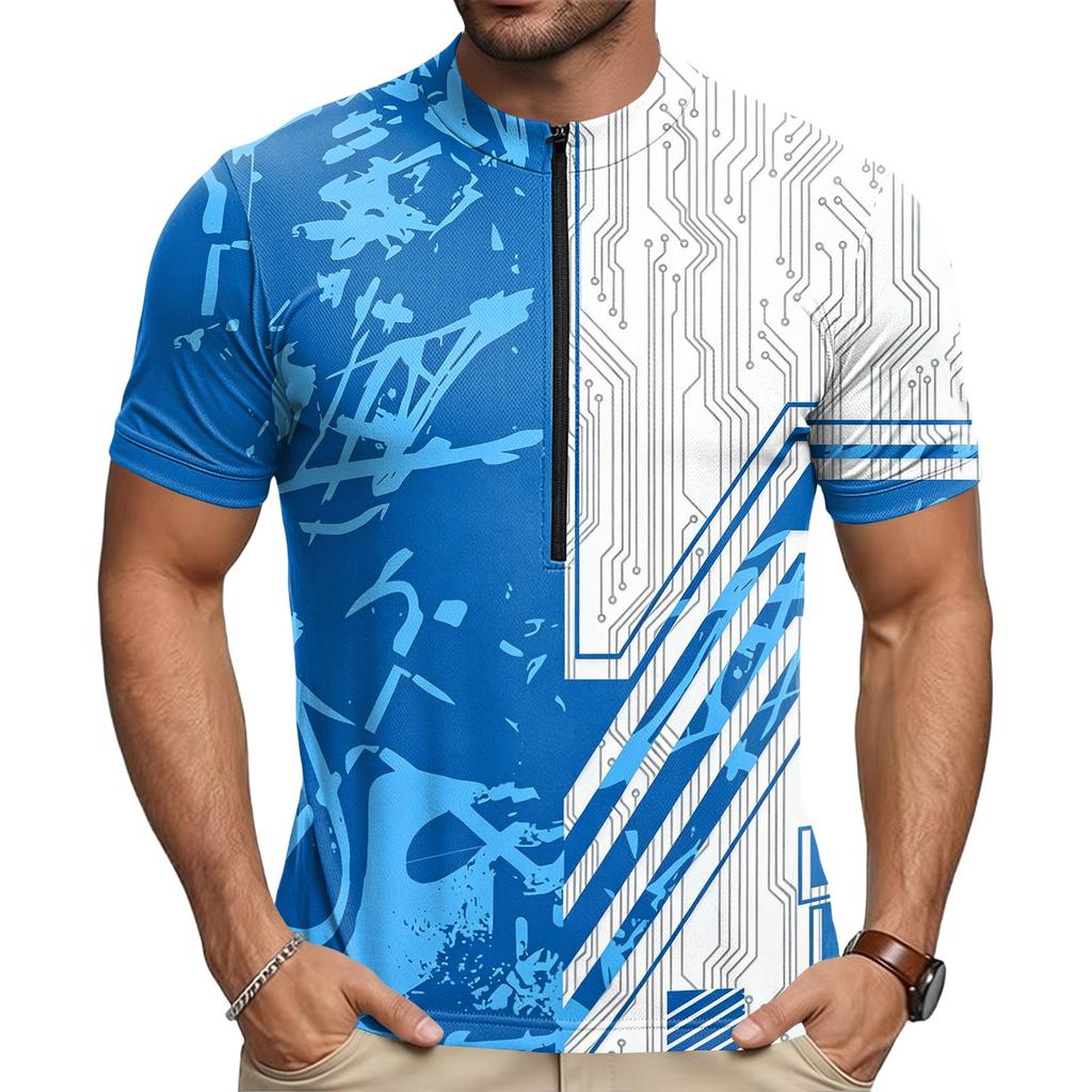 Tricou de ciclism pentru bărbați, cu gât rotund, imprimat, cu mânecă scurtă, fermoar, respirabil, cu uscare rapidă, cămașă sport pentru ciclism în aer liber