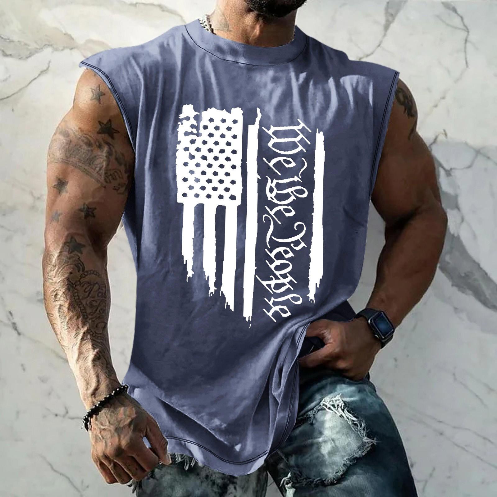 

Летний мужской однотонный поглощающий пот дышащий жилет без рукавов с принтом и расширяющимся плечом S тёмно-синий