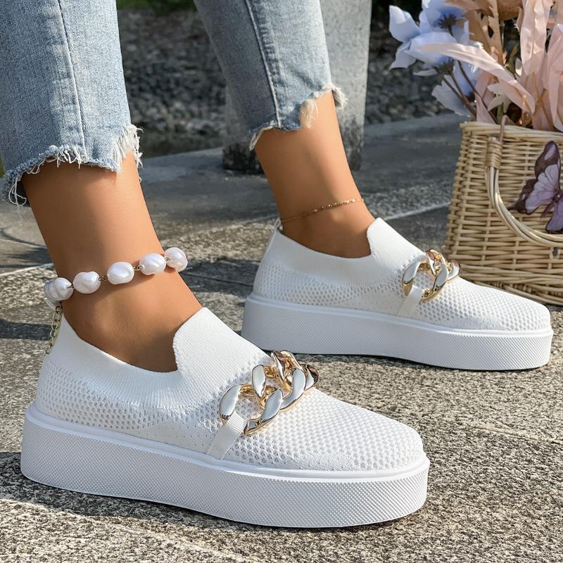 

Модная женская обувь больших размеров Осень Новые туфли с круглым носком и глубоким вырезом из дышащей сетки flyweave на платформе с металлической цепочкой 43 белый
