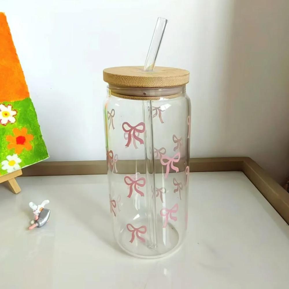 500ml Roztomilý skleněný hrnek s mašličkou, tumbler, láhev na vodu ve tvaru zavařovací sklenice s víčky a brčkem, hrnky na kávu, párty dárek na ledovou kávu, sklenice na džus