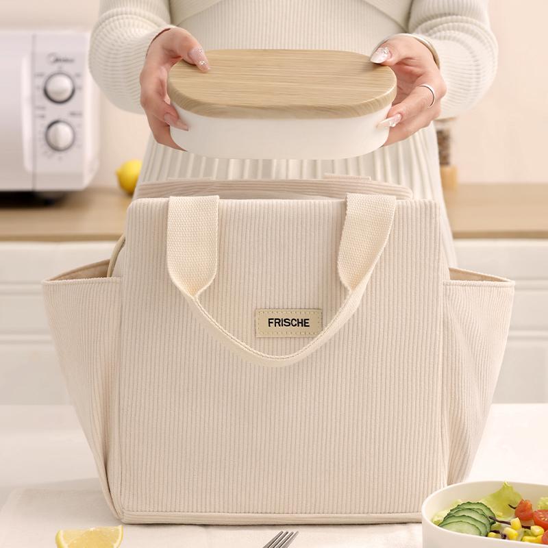 Corduroy Lunch Bag Thermal Insulation Lunch Box Storage Handbag Multifunctional Kid School Cooler Bag Picnic FoodPouch