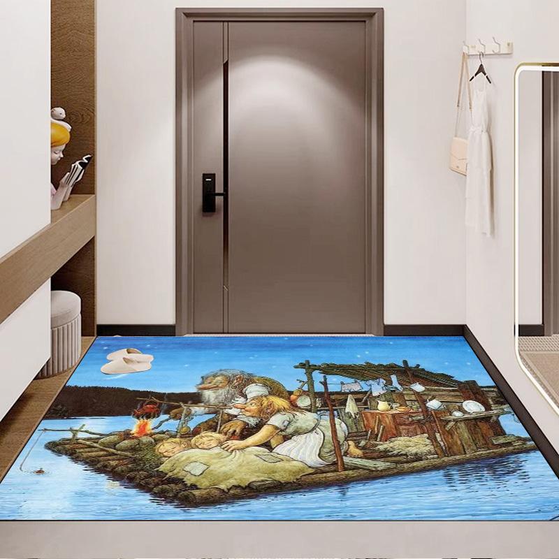 Fairy Tale Troll Family Rug, Old Trolls on Raft Lake Night Print Floor Mat for Living Room Bedroom Home Decor