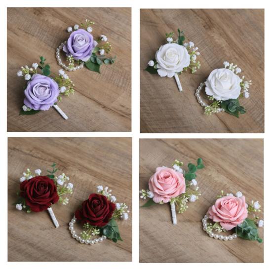 Suit Corsage Wedding Wristlet Band with Faux Pearl Embellished Simulated Roses Bride Groom Romantic Floral Accessories Prom Decoration