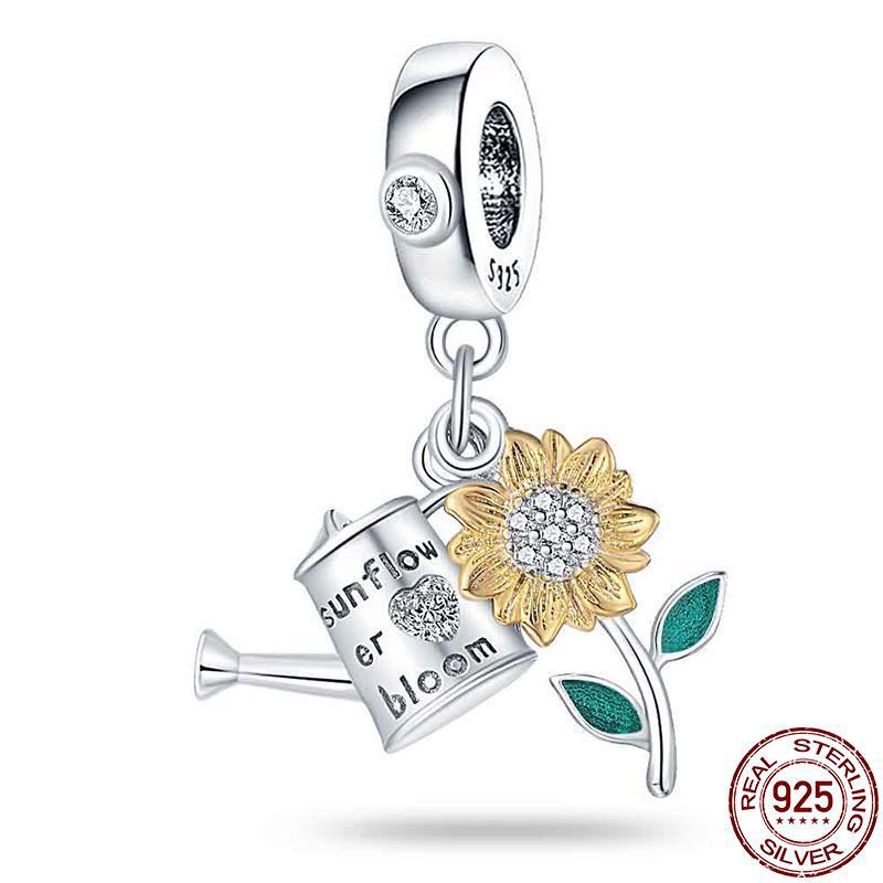 925 Sterling Copper Golden Sunflowers Heart Beads Pendant Charms Beads Fit 4MM Hole Diameter Bracelets Luxury Party DIY Zircon