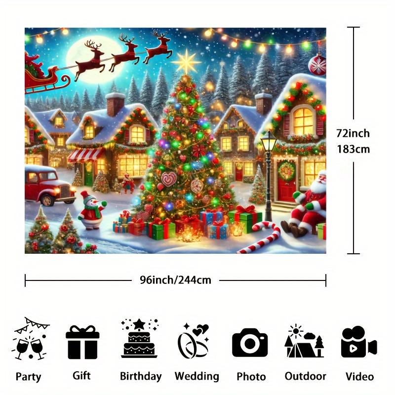 Christmas Village Photography Background Cloth - Snow City Christmas Tree and Santa Claus Sled Scene