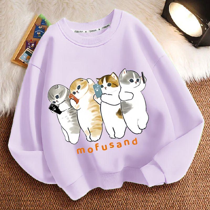 Cute Cat Round-neck Hoodie for Children, Fashionable Long-sleeved Casual Top for Boys and Girls In Spring and Autumn