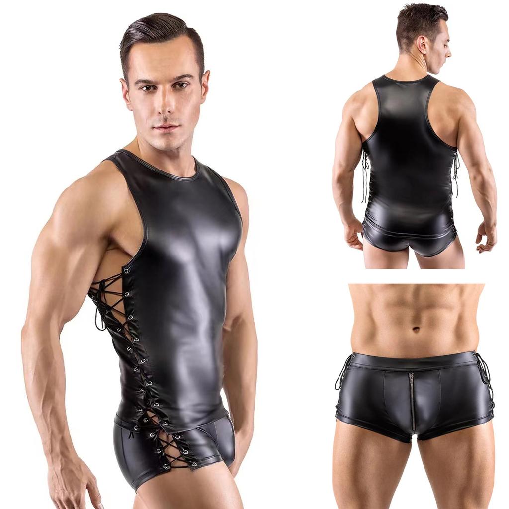 Menn Sexy PU Skinn Svart Undertøy Tank Tops Sett Muskel Form Cosplay Kostyme Åpen glidelås Erotisk Undertøy Gay Hollow