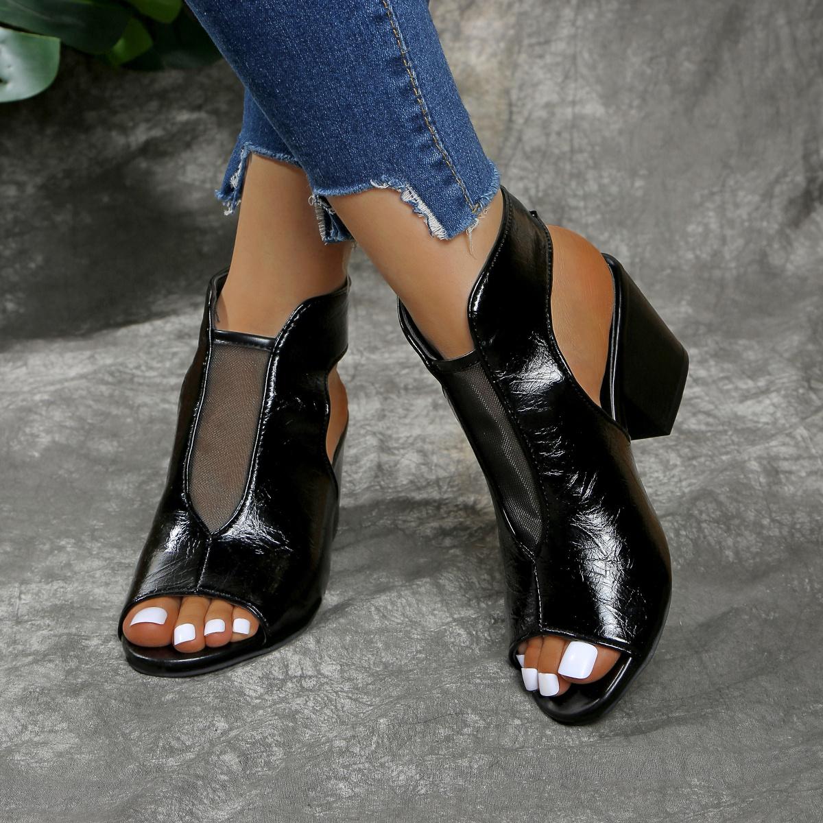 

Women s Roman Sandals Slip-On Chunky High Heel Open Toe Glossy Black Synthetic Cover All-Season Comfortable Casual & Formal Footwear Size 42