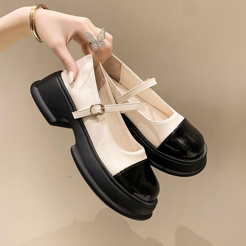 Туфли в стиле Лолиты женские туфли-лодочки Мэри Джейн на квадратном каблуке с пряжкой и ремешком однотонные женские туфли-лодочки на платформе с круглым носком большие размеры 35 бежевый 1964₽