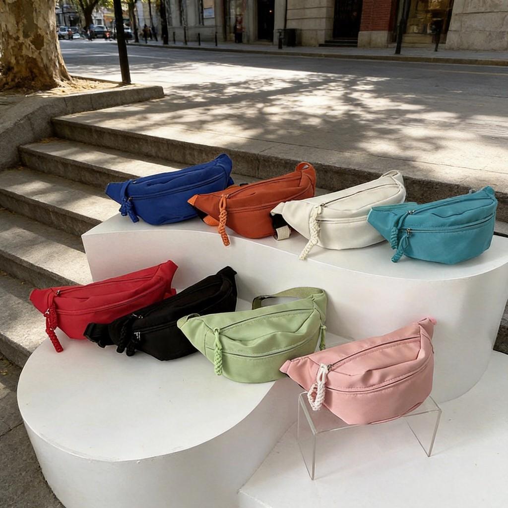 Streetwear Oxford Cloth Candy Color Waist Bag With Zipper Pockets For Daily Use