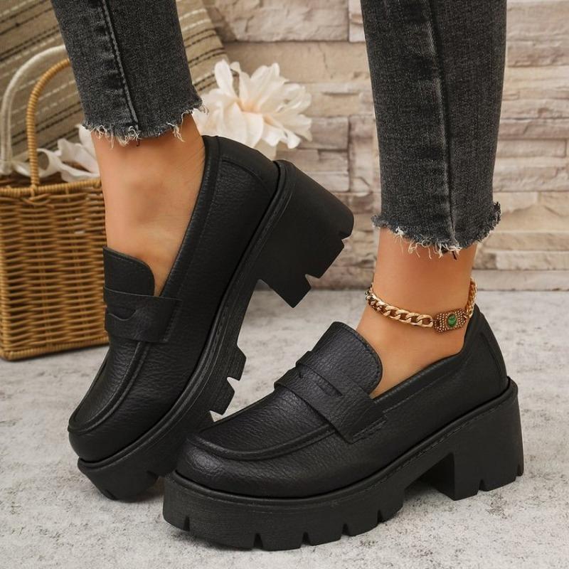 New Thick-soled Leather Shoes, One-foot Thick-heeled Shoes, Round-toed Mid-heeled Women's Shoes